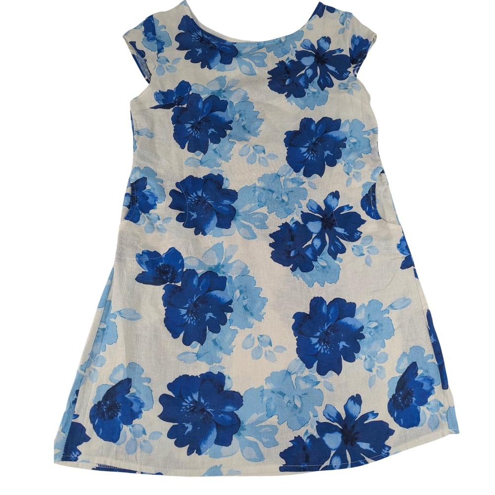 Christina Vergani Womens Blue Floral Linen Blend Cap Sleeve Shift Dress Pockets